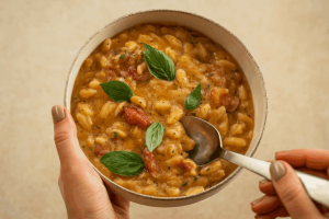 En Uskonut, Että Kahdesta Näin Yksinkertaisesta Ainesosasta Saadaan Näin Kermainen Alkuruoka: Pasta Kirsikkatomaattien Ja Cannellini-Papujen Kera, Suussa Sulavaa!