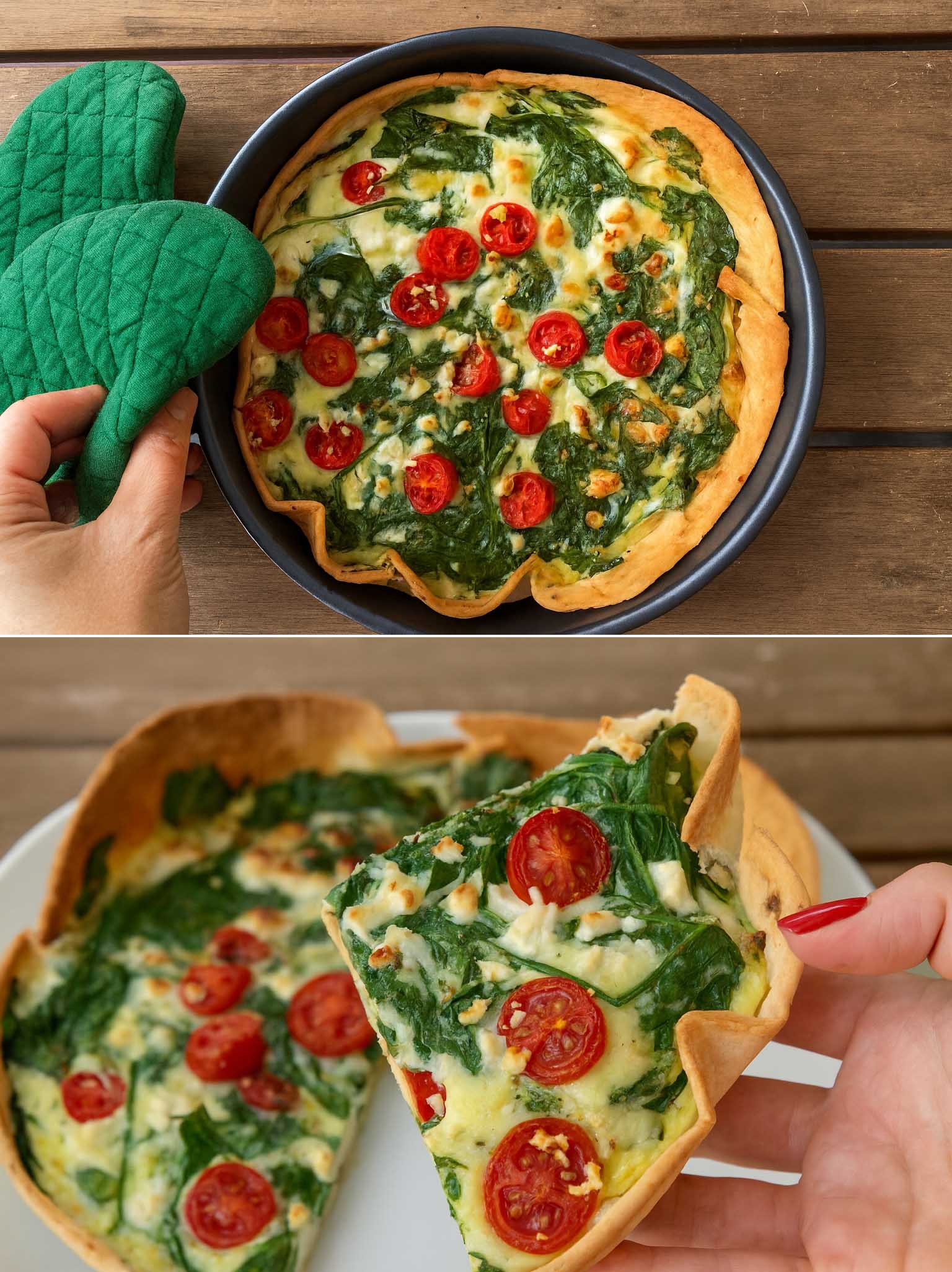 Quiche Piadinaa, Pinaattia, Fetaa Ja Kirsikkatomaatteja