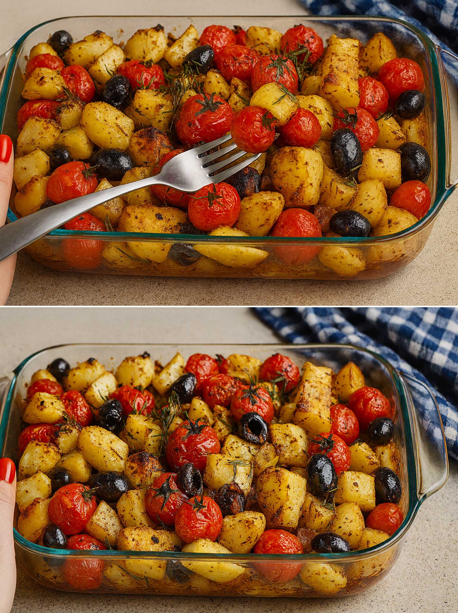 Kreikkalaistyylisiä Munakoisoja, Kirsikkatomaatteja, Perunoita Ja Fetaa